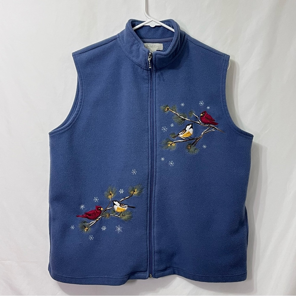 Tradition Woman’s Large Blue Boho Fleece Vest with Winter Bird Embroidery